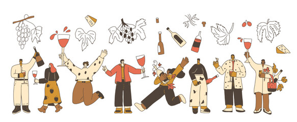 Wine tasting event. Set of wine lovers. Cute characters with with wineglass. Vector hand drawn collection illustration isolated on white background.