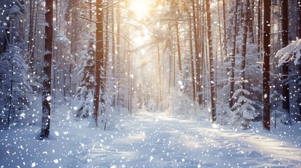 Naklejka premium Tranquil Winter Scene of Snowy Forest Clearing with Falling Snowflakes