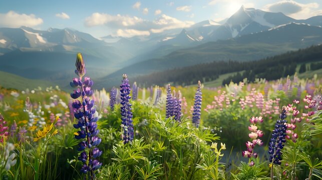 A field of lupines with mountains img