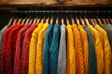 Colorful knitted sweaters on hangers, closeup.