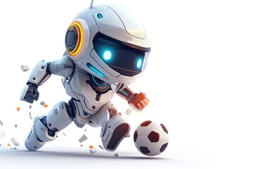 Futuristic robot football player kicking soccer ball, illustration isolated on white background