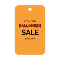 Fototapeta premium Orange Halloween tag. Price tag with text Halloween sale on a yellow background. Coupon isolated on transparent and white background. Vector illustration. Discount on product purchase. Shopping.