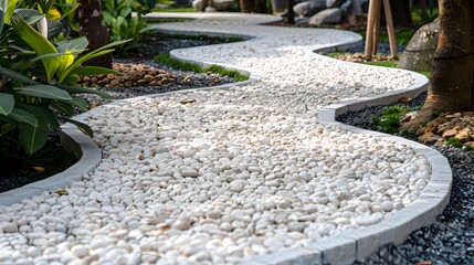 Texture pattern of white pebbles gravel and small stones in walk way path and floor for garden interior decoration background. Various shapes of white decorative gravel stones pattern for background. 
