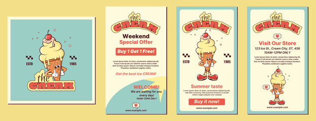 A set of templates for posts, stories, and covers for social networks. Messages about discounts and special offers for ice cream parlors. Cartoon character, mascot ice cream in retro style. Vector.