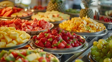 A buffet with fruit slices where multi-colored img