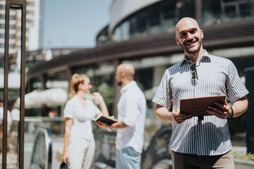 Business professionals interacting and discussing work in an urban city environment on a sunny day, promoting teamwork and collaboration.