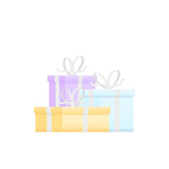 Gift boxes on an isolated background. Pile of colourful gift boxes with bows and ribbons. Vector illustration