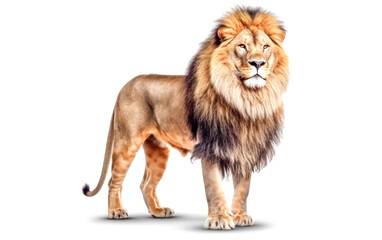 A lion stands in front of a white background.