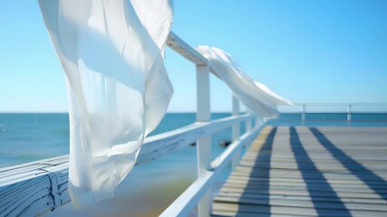 Thin strips of muslin hang like streamers from the boardwalk railings swaying back and forth in the strong winds.