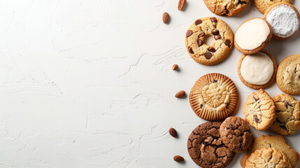 Variety of cookies on a white surface with plenty of space for text.