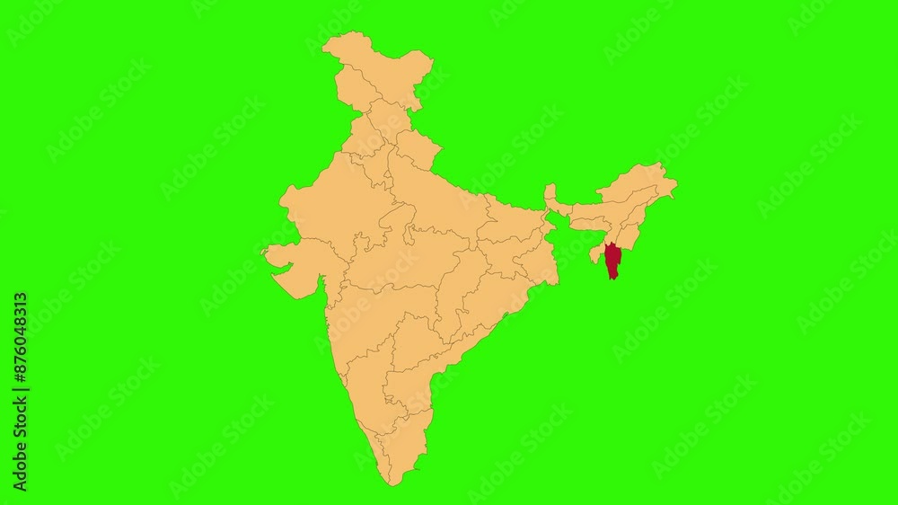 Sticker mizoram map animated video. map highlighted on the india map with animation and colour with green sc