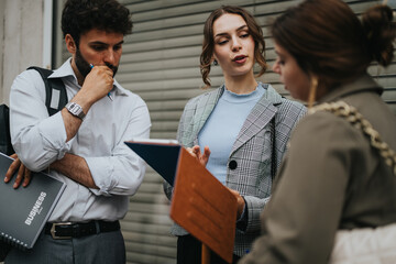 Group of young business people discussing strategies and brainstorming project ideas in an outdoor meeting in a downtown urban setting.