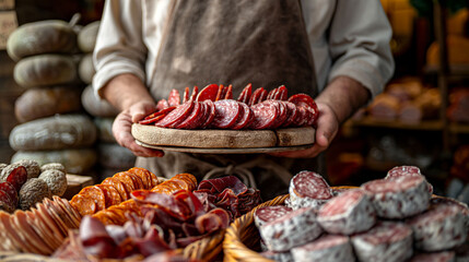 A charcuterie board with a variety of cured meats on display at a market stall, food photography concept. Selection of delicacies in the store for gourmets. Eco, bio, eco friendly Farmers Market