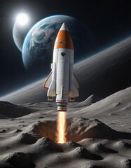 Naklejka premium Rocket taking off from an unknown planet with the globe in the background..