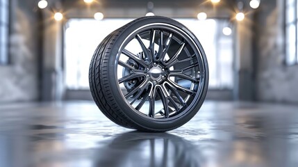 Black Rim with Spoke Design in a Garage