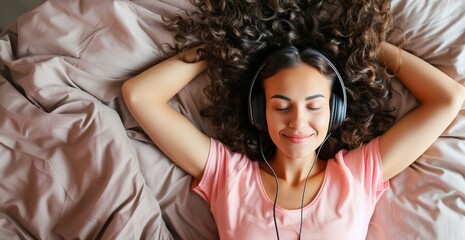 Fototapeta premium A woman with curly hair lies on a white bedspread, wearing headphones and listening to music with her eyes closed.