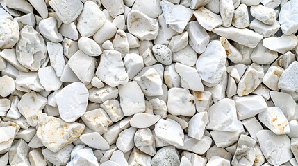 Texture pattern of white pebbles gravel and small stones in walk way path and floor for garden interior decoration background. Various shapes of white decorative gravel stones pattern for background. 