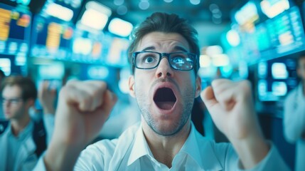 Excited businessman celebrating success with fists raised, surrounded by screens in a trading room.