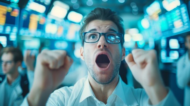 Excited businessman celebrating success with fists raised, surrounded by screens in a trading room.