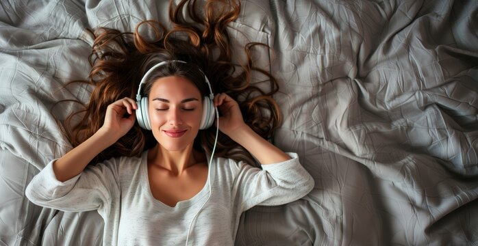 A young woman lies in bed with her eyes closed, listening to music through headphones. She is relaxed and smiling, with her hair spread out on the bed.
