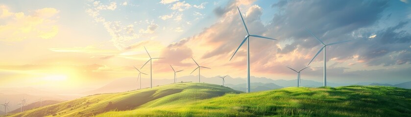 Wind turbines stand tall against a colorful sunset sky, generating clean energy.