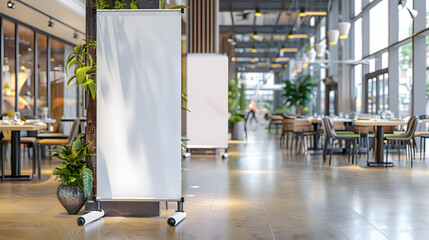 blank empty roll up mockup poster stand in an shopping center or mall environment at restaurant or cafe entrance as wide banner design with blank empty copy space