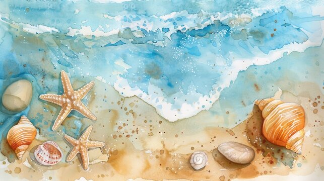 Summer beach scene with watercolor shells starfish and stones Space for text