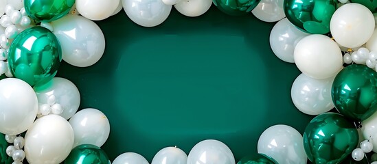 A festive scene of white and green balloons framing a blank area, perfect for Independence Day announcements.