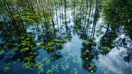 Obraz premium A flooded forest where water covers picture