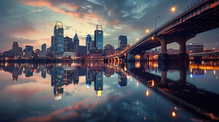 Fototapeta premium Night view of the city with the image of a bridge crossing the river between two cities
