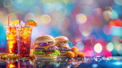 Tasty Fast Food Feast: Burgers, Nuggets, and Soft Drinks on Colorful Background