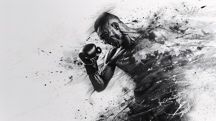 Black and white abstract art of a boxer throwing a punch