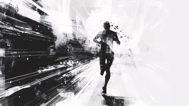 Black and white abstract art of a marathon runner crossing the finish line