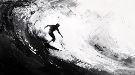 Black and white abstract art of a surfer riding a wave