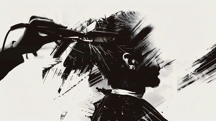 Black and white abstract art of a barber cutting hair