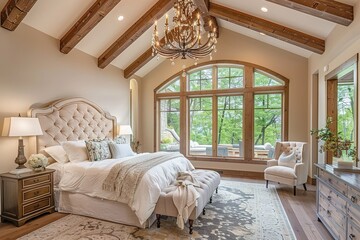 Fototapeta premium Beautiful furnished master bedroom interior in luxury home . Features vaulted ceiling with wood beams and chandelier