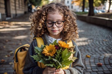 Fototapeta premium A cute little curly-haired girl with glasses and a bouquet of autumn flowers goes to school for the first time. A child with a school bag, a book and flowers. A child on a city street. Back to school.