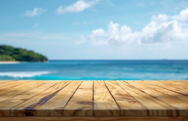 Empty beautiful wood tabletop counter on interior in clean and bright beach background