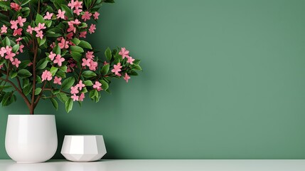 Bright color with a 3D geometric podium mockup and natural tree leaves and flower elements, perfect for creating modern, nature-inspired presentations Clean and Clear Color, Realistic Photo, ,