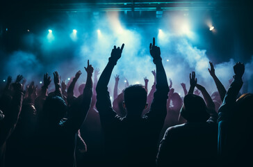 A crowd of people enjoying a concert under blue lights, with hands raised in excitement