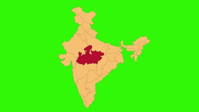 Madya Pradesh map animated video. Map Highlighted on the India map with animation and colour with Green screen background in video format.	
