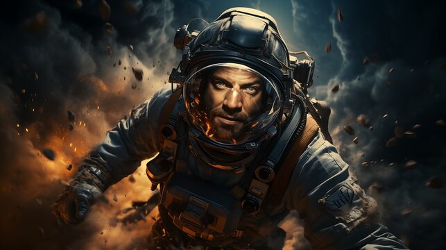 An astronaut braves adventure, danger, and courage in a space scene full of explosions and debris