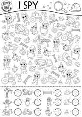 Construction site I spy game for kids. Searching, counting black and white activity with builders, special technics. Building works printable worksheet. Simple repair service puzzle, coloring page.