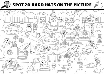 Naklejka premium Vector black and white construction site searching game with building works landscape. Spot hidden hard hat. Simple seek and find educational printable activity, coloring page for kids with worker.