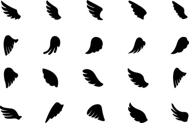 Wings icon. Angel Wings Black silhouette. Set of hand drawn bird or angel wings. Wings Collection - Vector illustration.