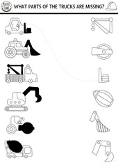 Construction site black and white shadow matching activity with truck, bulldozer, excavator and missing parts. Match silhouette game, printable worksheet. Repair service coloring page or puzzle .