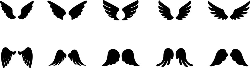 Wings icon. Angel Wings Black silhouette. Set of hand drawn bird or angel wings. Wings Collection - Vector illustration.