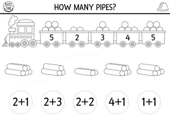 How many pipes black and white game with cute freight train. Construction site math addition activity or coloring page. Building works printable counting worksheet for kids with engine and cars.