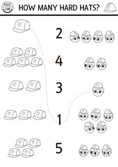 Match the numbers black and white construction site game with builders, hard hat. Building works math activity for kids. Repair service educational counting worksheet, coloring page with helmet.