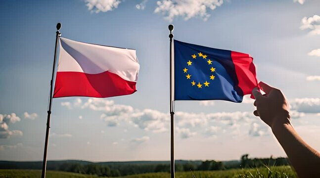 Flaga Polski i Unii trzymana w dłoni